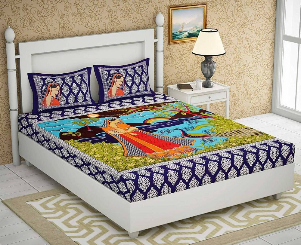 Vamika Printed Beautiful Cotton Blue Bedsheet With Pillow