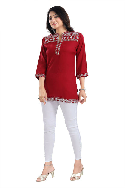 Snehal Creations Rosy Red Women Embroidered Boho Chic Tunic Top - Distacart
