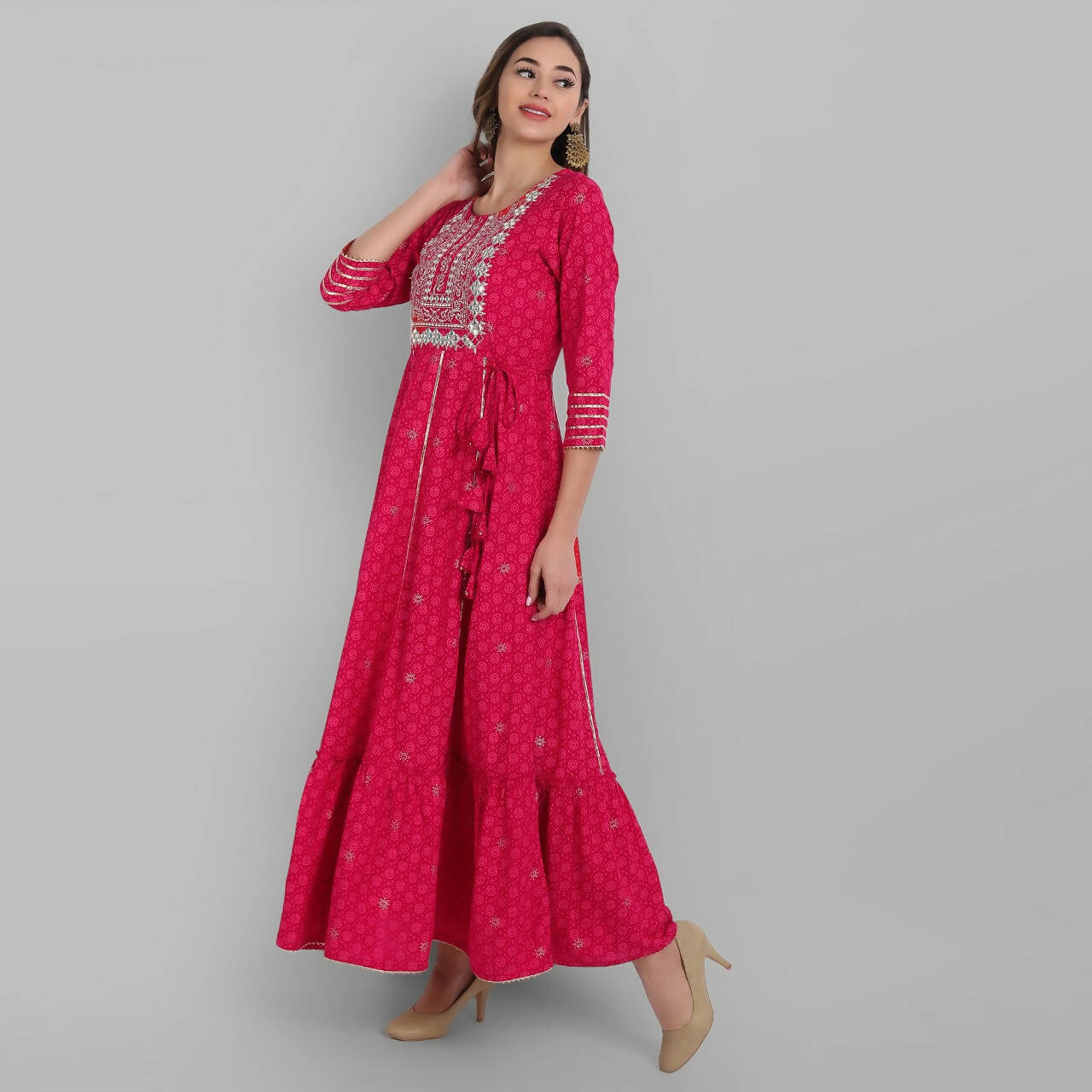 Juniper Fuchsia Rayon Festive Wear Embroidered Tiered Long Dress - Distacart