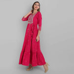 Thumbnail for Juniper Fuchsia Rayon Festive Wear Embroidered Tiered Long Dress - Distacart