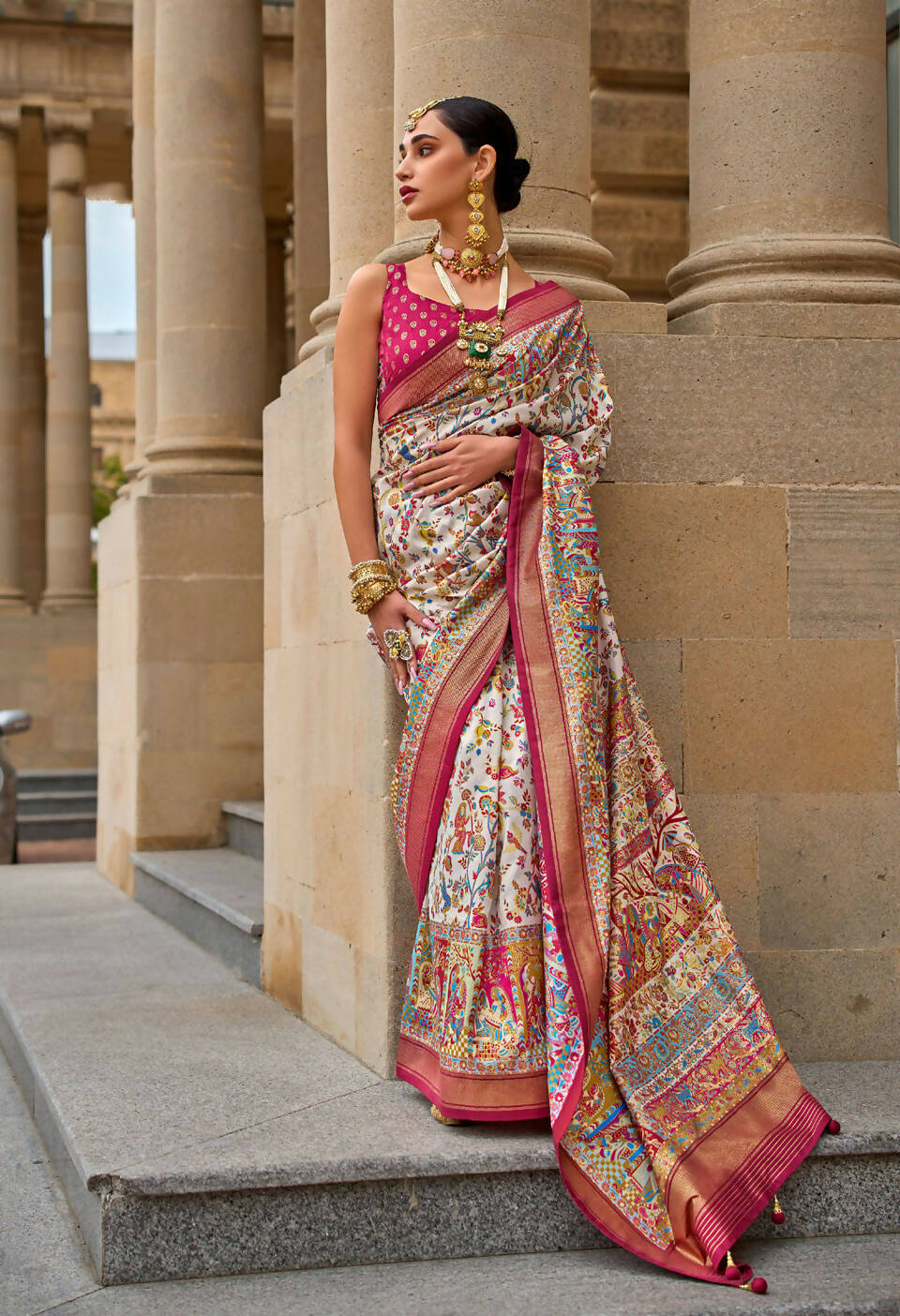 Salmon Pink & White Superior V.P.Silk Woven Printed Patola Silk Saree - Rewaa Milano - Distacart