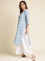 Thumbnail for Blue Linen Floral Printed Straight Fit Kurta - Prasuti - Distacart
