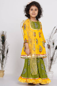 Thumbnail for Little Bansi Cotton Floral Kurta with Frill Sharara & Dupatta - Yellow & Green - Distacart