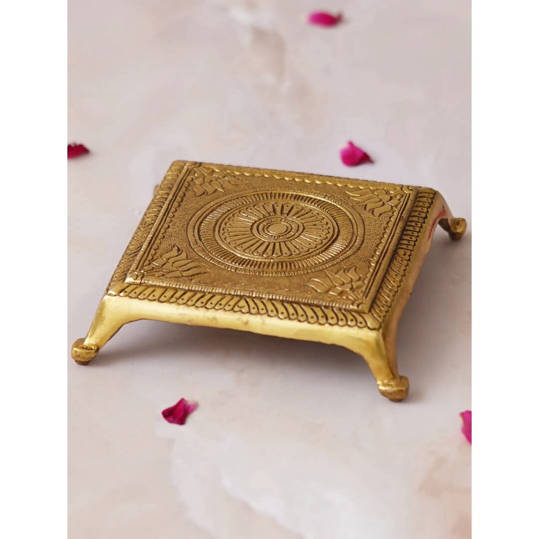 eCraftIndia Beige Lotus Flowers Engraved Pooja Chowki - Distacart