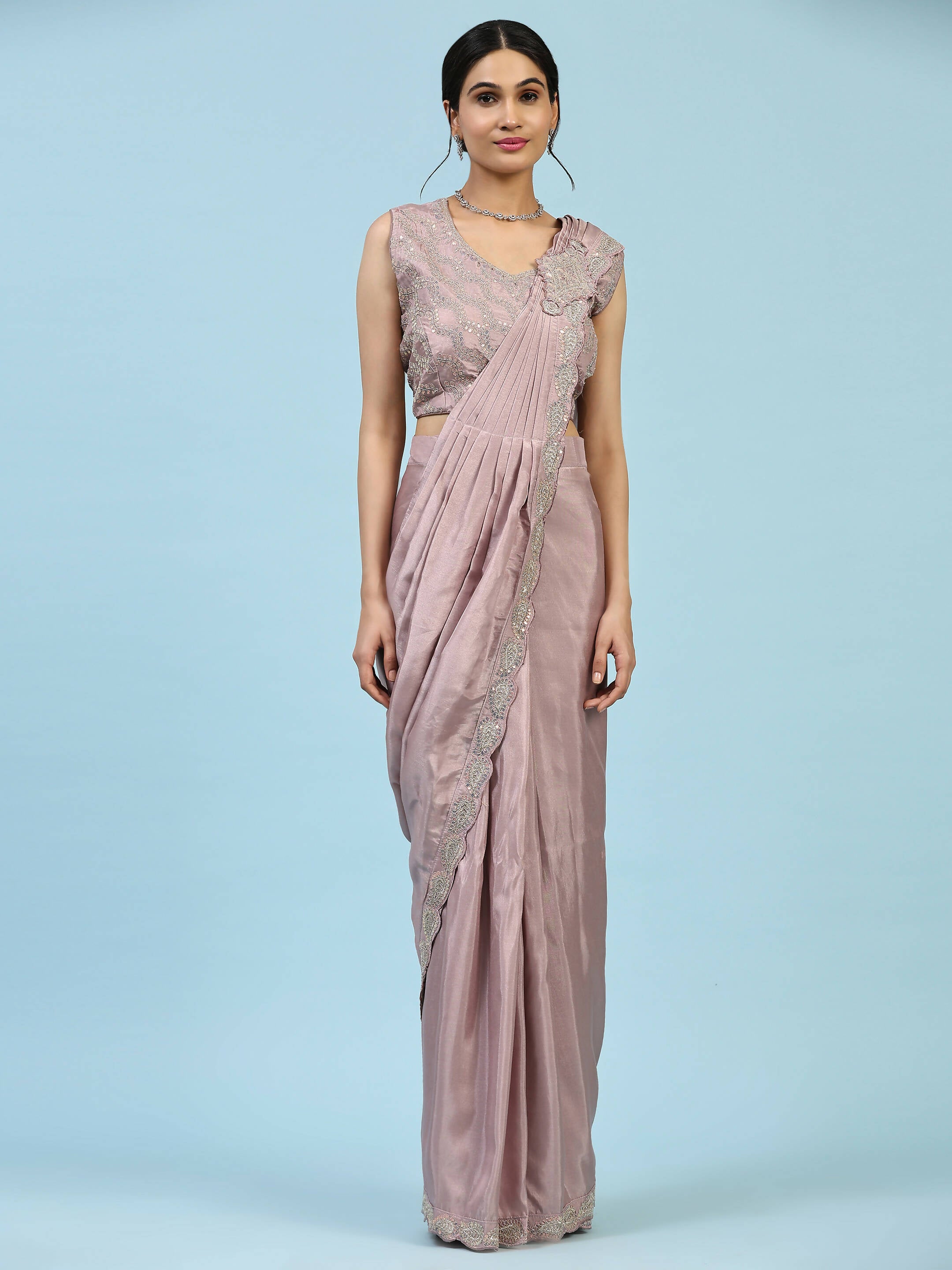 Lavendar Silk Satin Plain Ready to wear Saree with stitched Blouse - Vrinda - Distacart