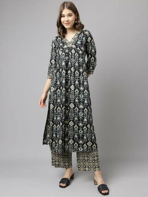FIORRA Women's Black Cotton A-Line Kurta Palazzo Set - Distacart