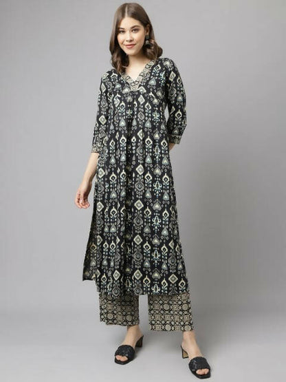 FIORRA Women's Black Cotton A-Line Kurta Palazzo Set - Distacart