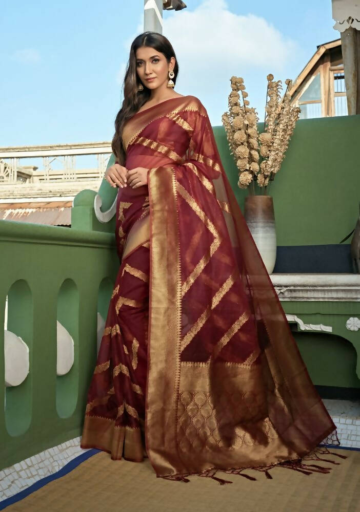 Delightful Designer Maroon Color Organza Silk Saree With Weaving Work - Yomika Fashions - Distacart