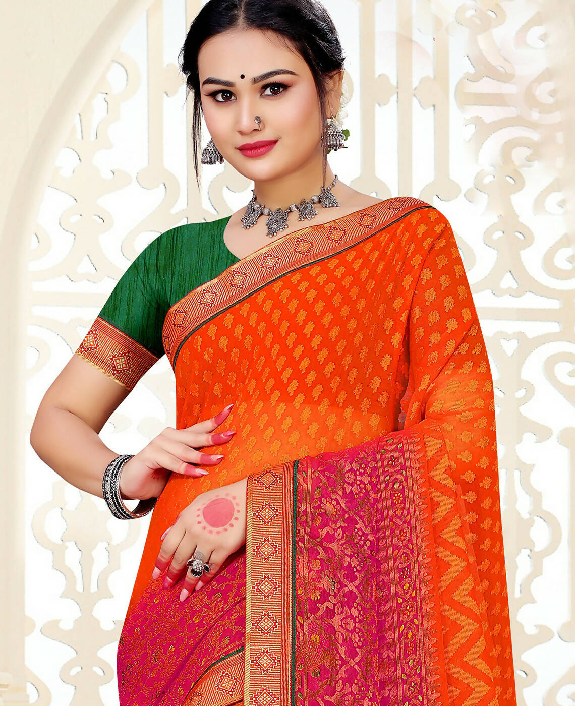 Orange & Pink Chiffon Brasso Printed Saree With Unstitched Blouse Piece - Jyoti - Distacart
