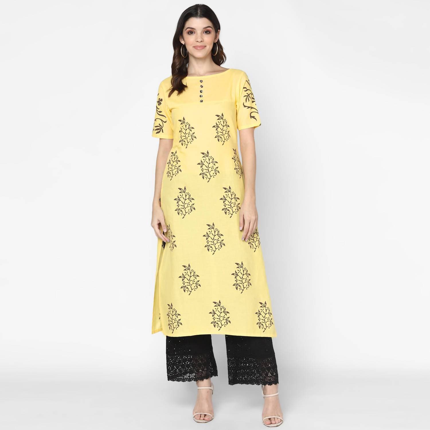 Cheera Hand Block Print Pale Yellow Straight Kurta (MAAI-056K)