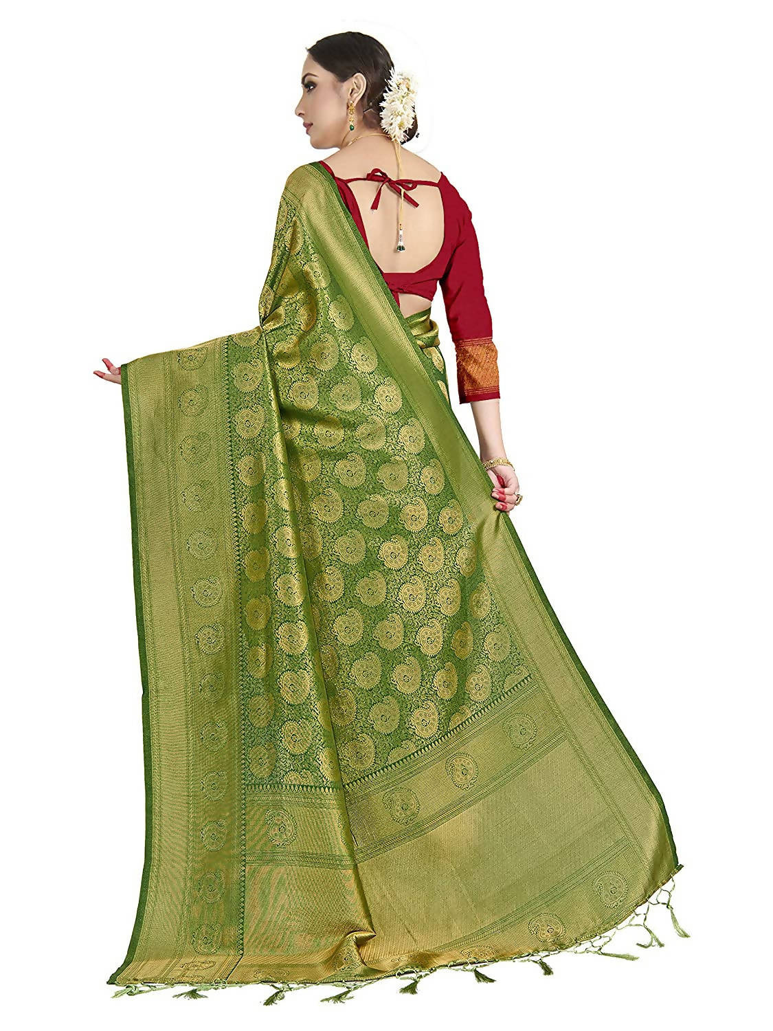 Vardha Women's Olive Green Kanchipuram Raw Silk Saree With Unstitched Blouse Piece