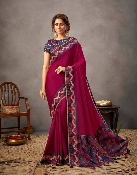 Deep Magenta And Purple Silk Georgette Cord And Sequins Embroidery Saree - Norita Arinya - Distacart