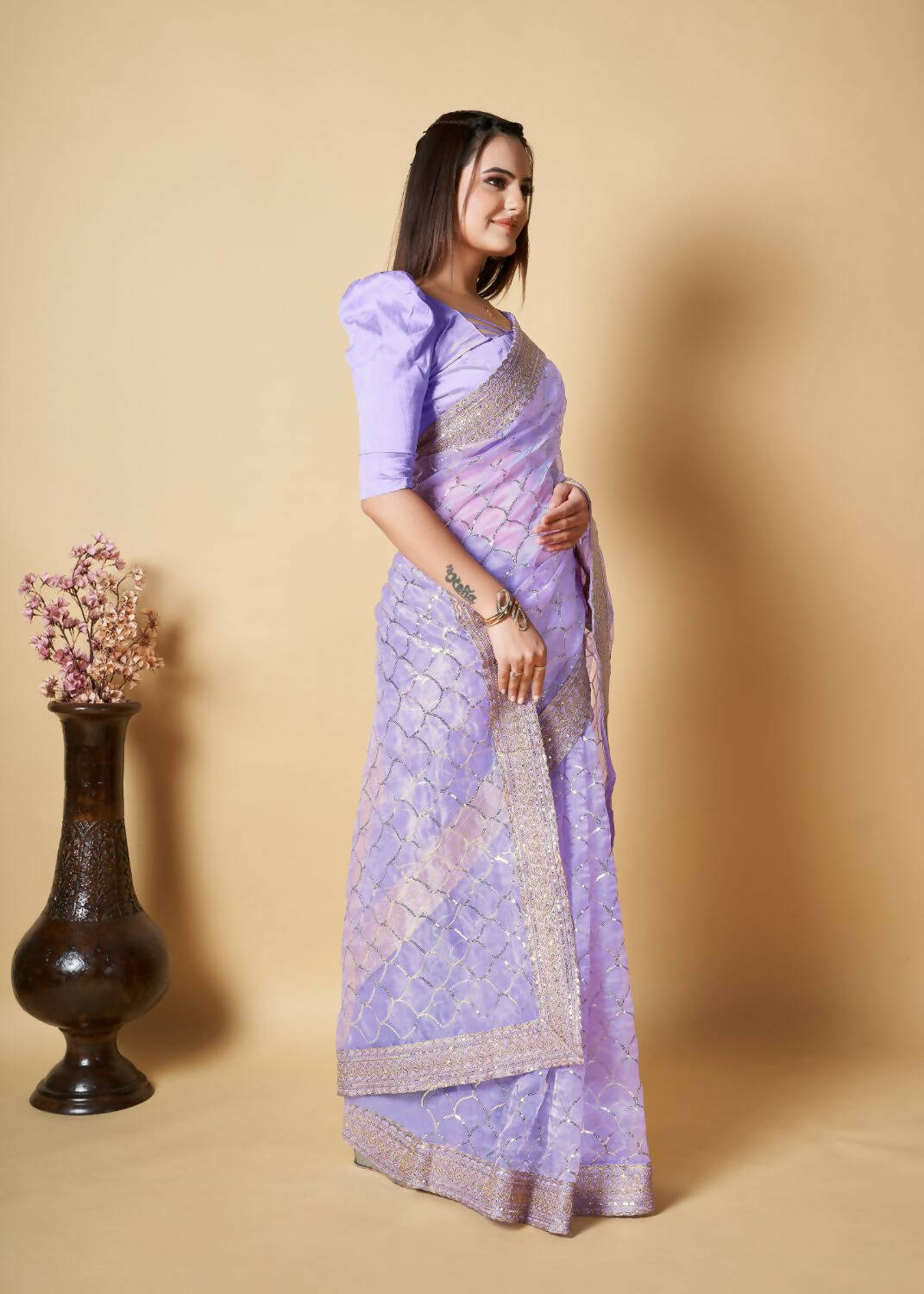 Vamsee Blue Organza Saree - Distacart