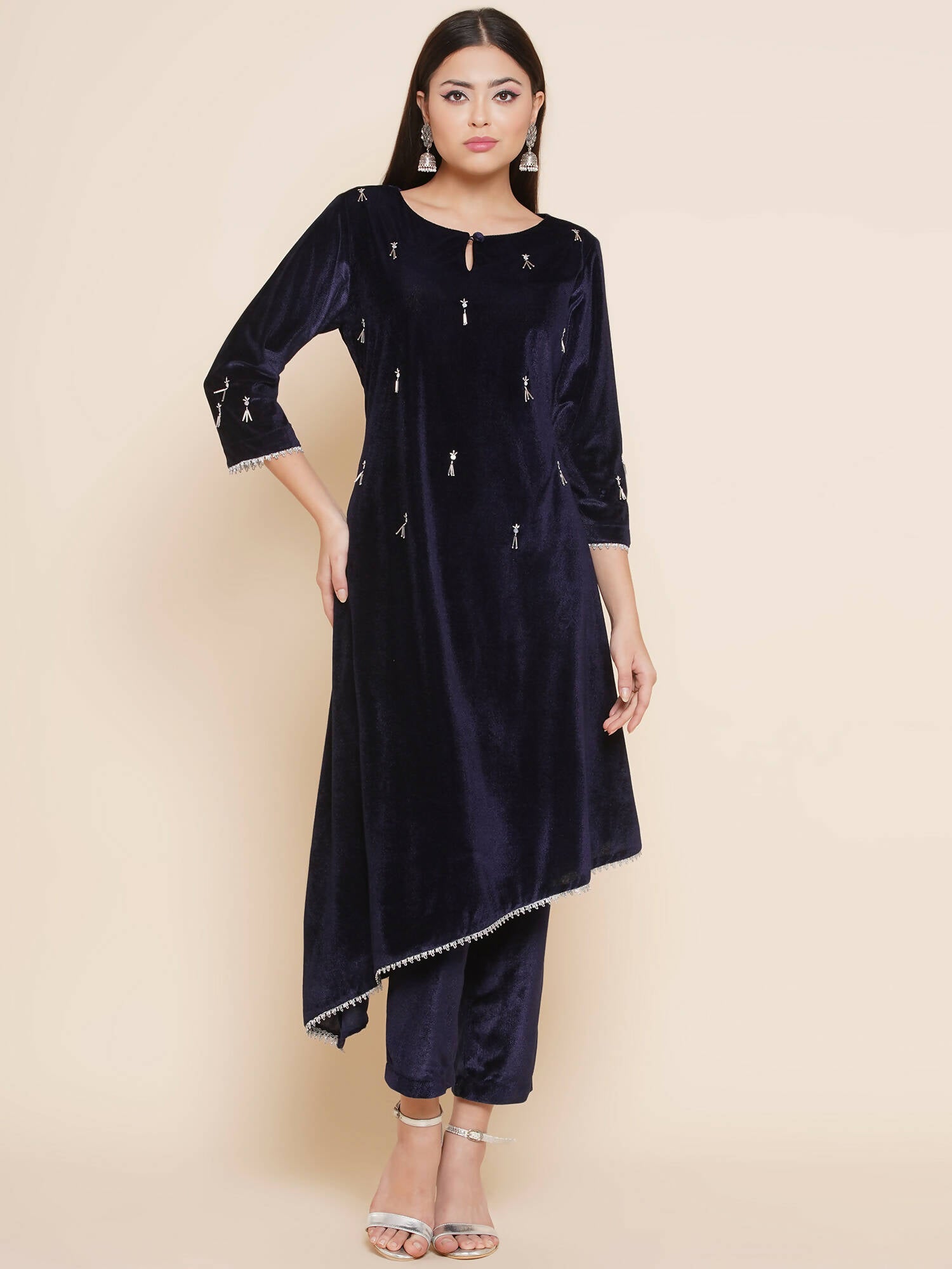 Women Republic Navy Blue Velvet Assymetrical Hand Embellished Kurta With Pants - Distacart