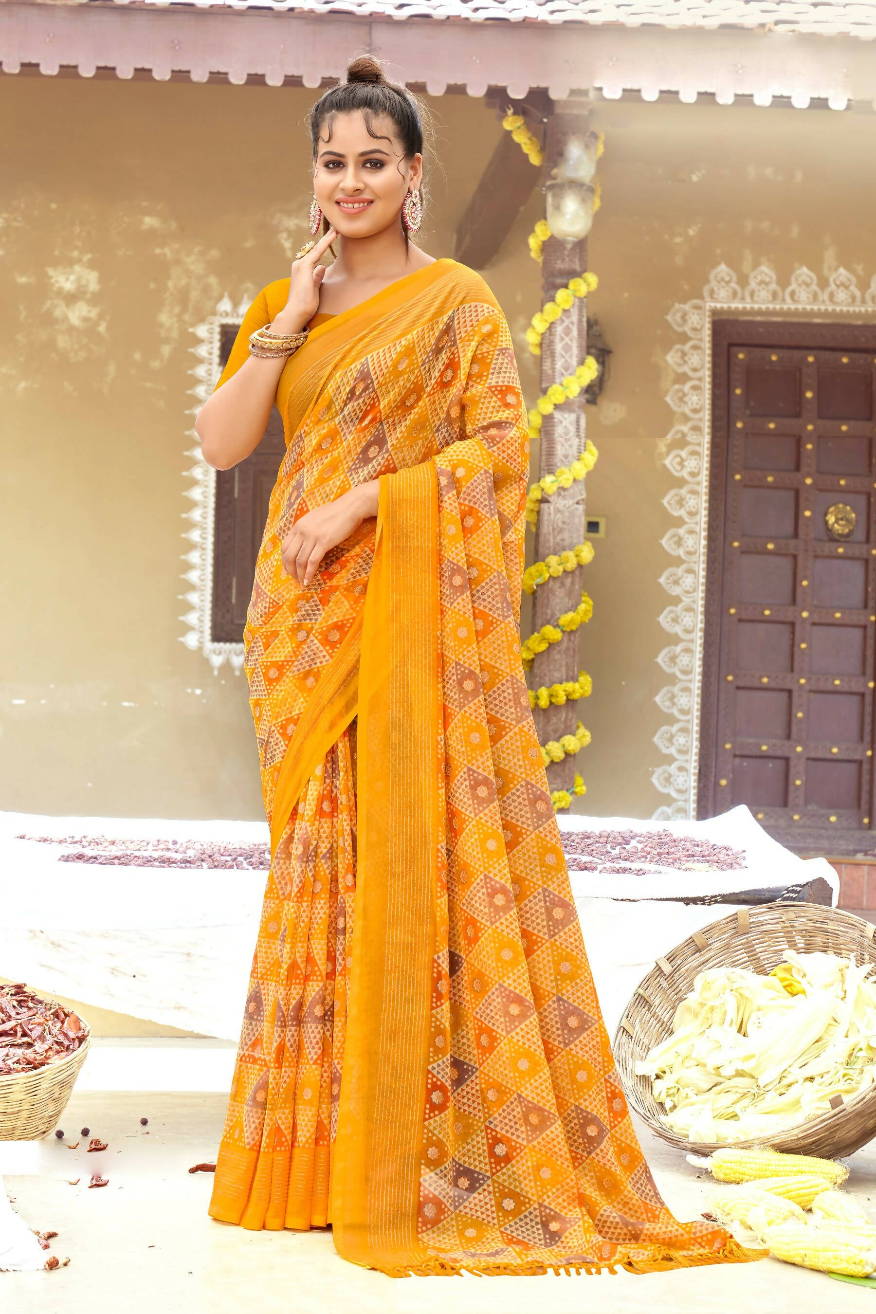 Mustard Chiffon Printed Ivory Print and Zari work Saree with Unstitched Blouse Piece - Shanaya - Distacart