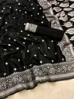 Thumbnail for DEIANA'S Beautiful Golden Jari with New Design Soft Lichi Silk Saree - Black - Distacart