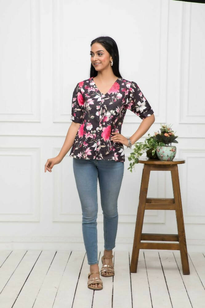 Myshka Women V-Neck Regular Sleeves Viscose Rayon Black Floral Top - Distacart