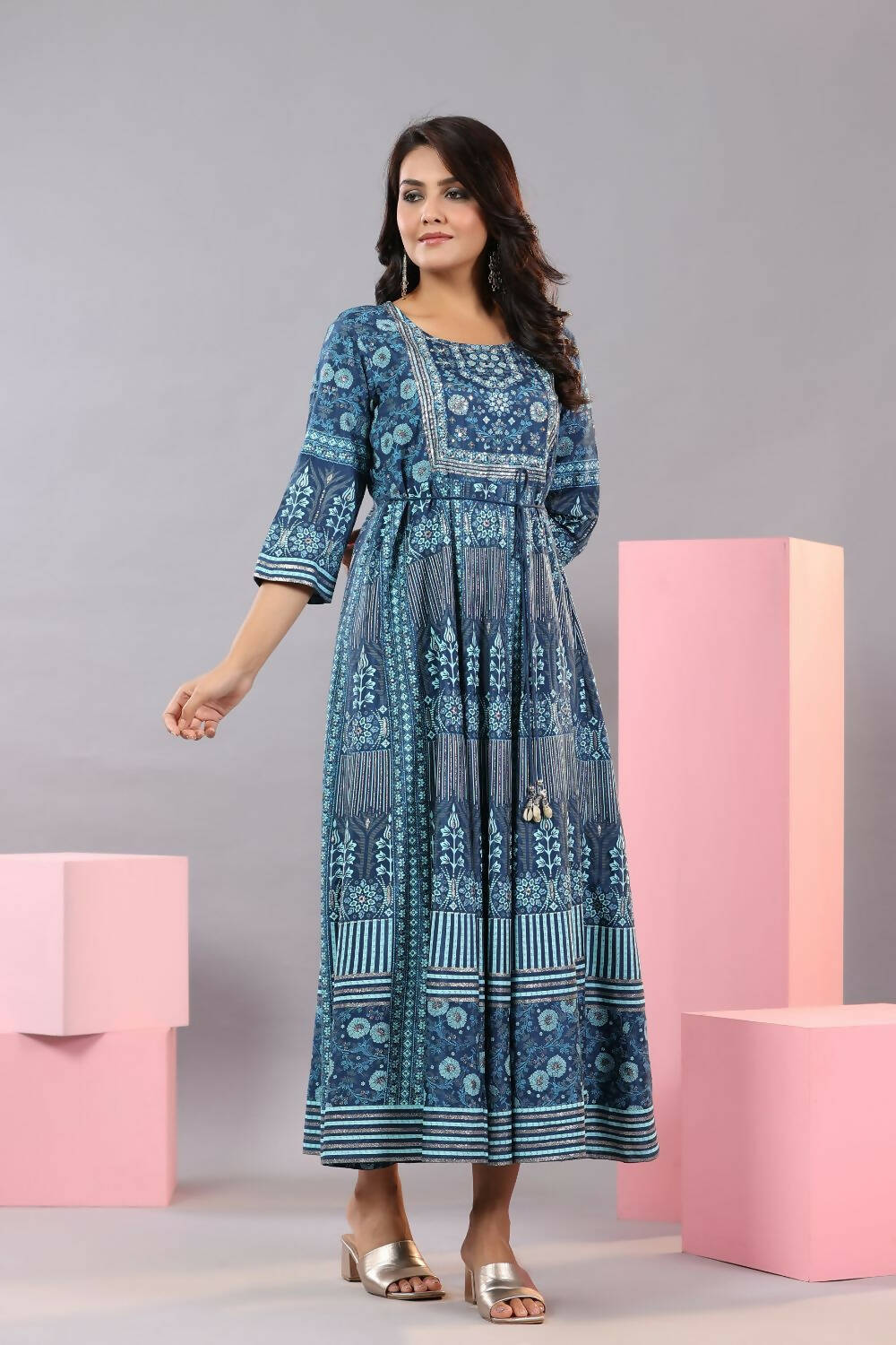 Juniper Women Blue Shantoon Floral Printed Maxi Dress - Distacart