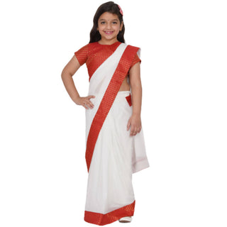 Little Bansi Red And White Color Bengali Saree With Floral Brocade Blouse