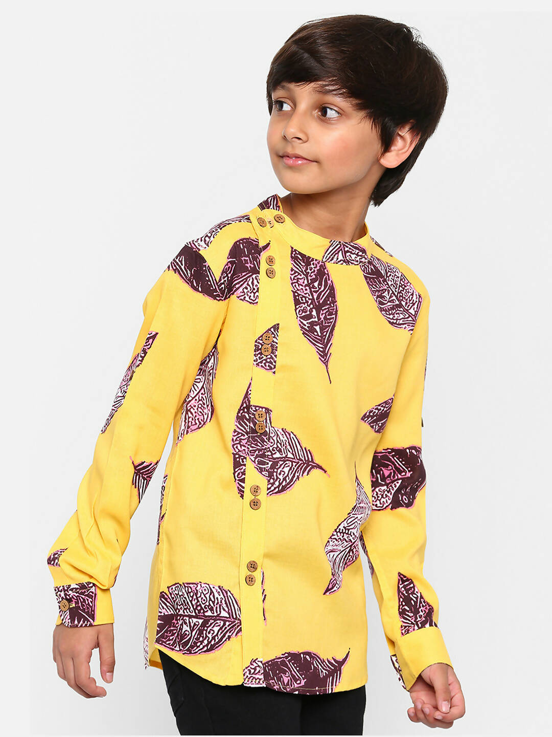 Manet Ethnic Full Sleeves Big Leaf Printed Shirt - Yellow - Distacart