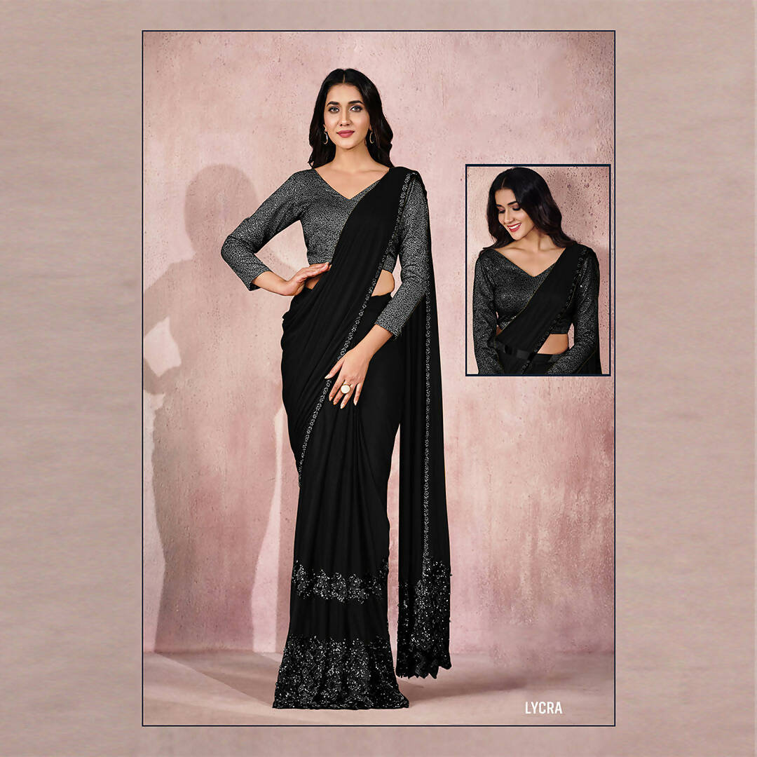 Black Lycra Embroidery Designer Saree With Blouse - Mohmanthan Sitaarah - Distacart