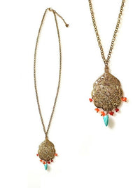Thumbnail for Bling Accessories Antique Brass Finish Metal Long Necklace with Coral & Turquoise Natural Stone