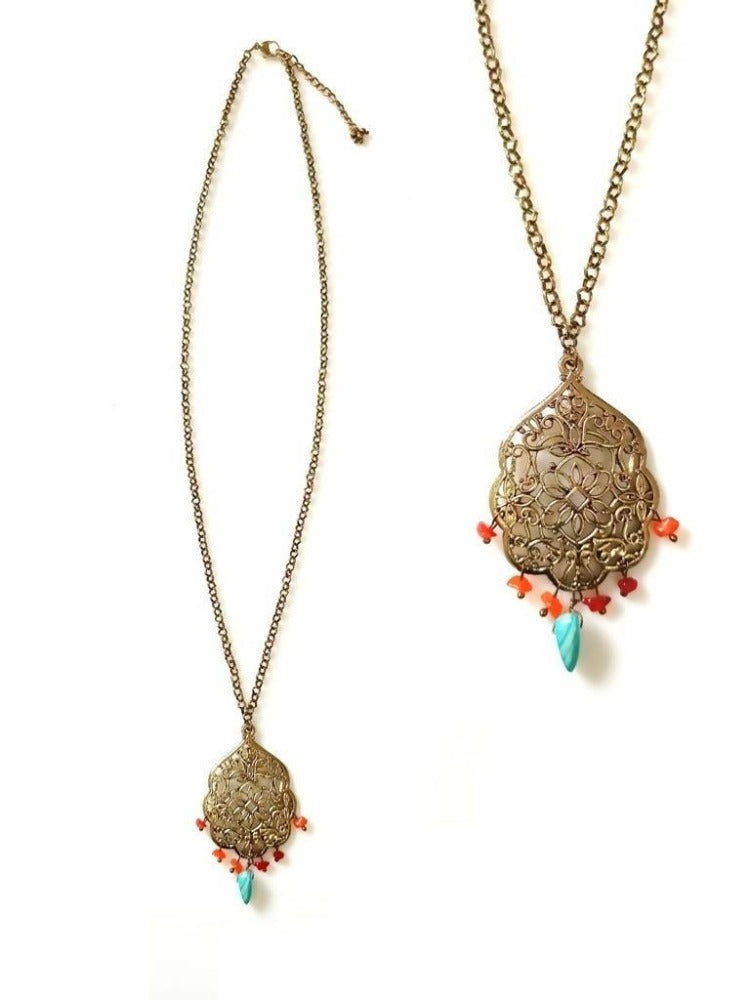 Bling Accessories Antique Brass Finish Metal Long Necklace with Coral &amp; Turquoise Natural Stone