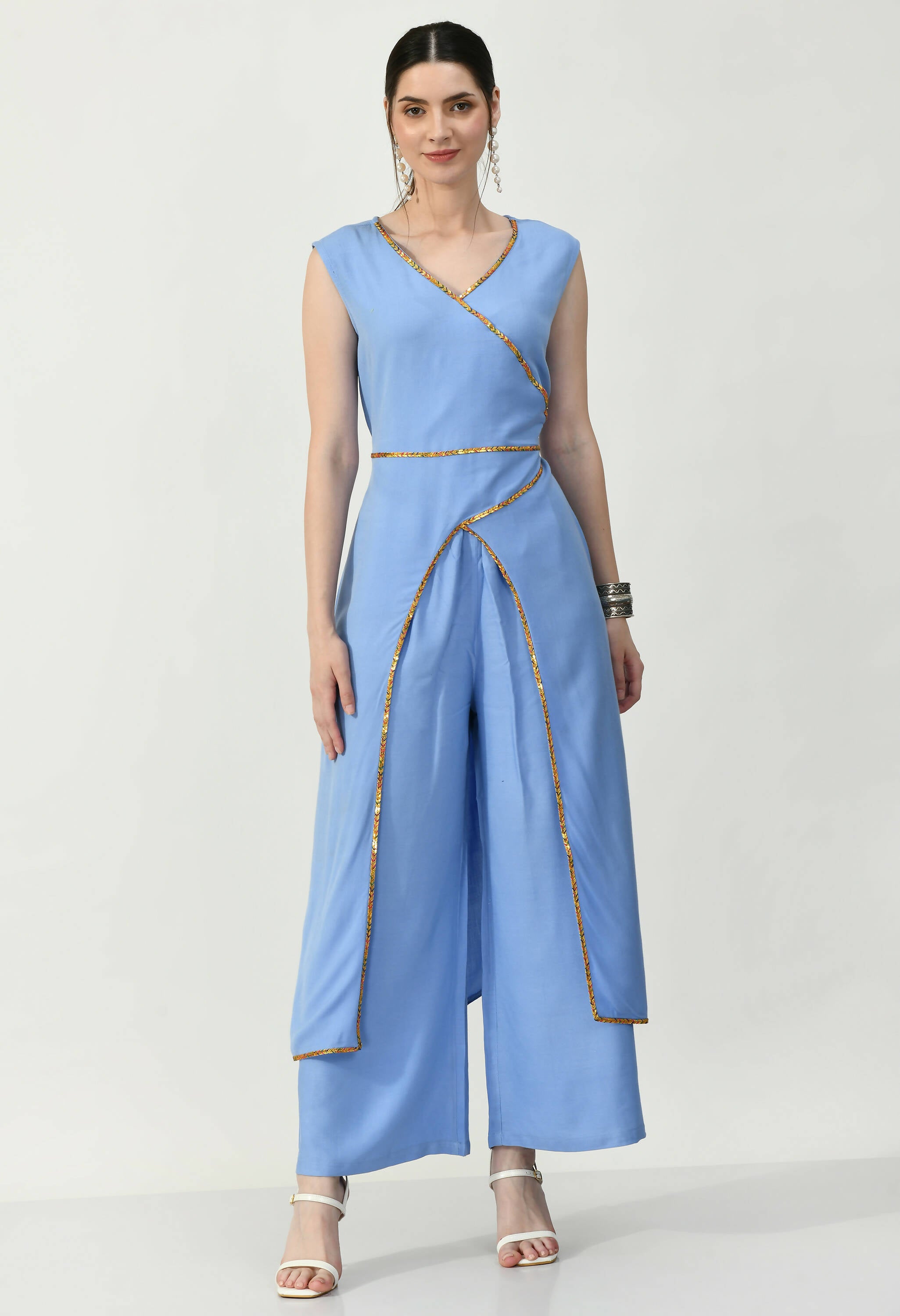 Women's Blue Rayon Kurti And Palazzo With Multi Coloured Lace At Neck And Front - G & A Apparels - Distacart