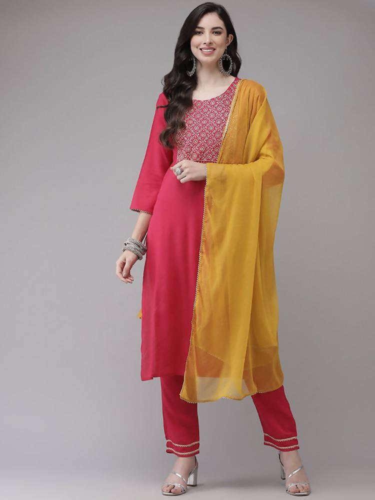 Yufta Women Pink Solid Kurta with Trouser & With Dupatta