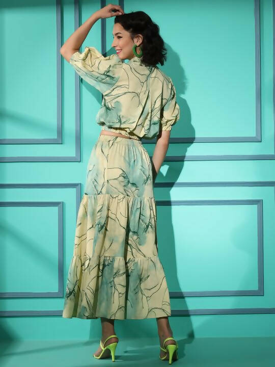 Green Rayon Tie dye Printed Top with Matching Skirt - Shivani - Distacart