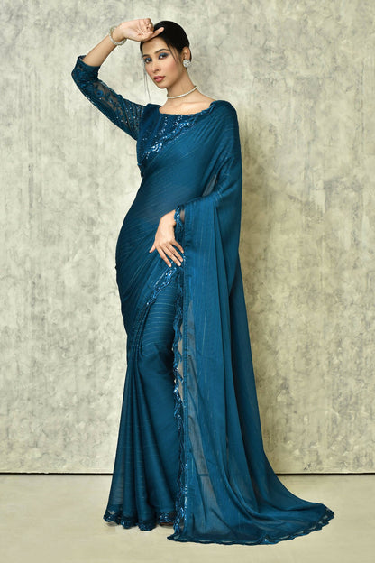 Blue Silk Stripe Saree With Blouse Piece - Purvi - Distacart