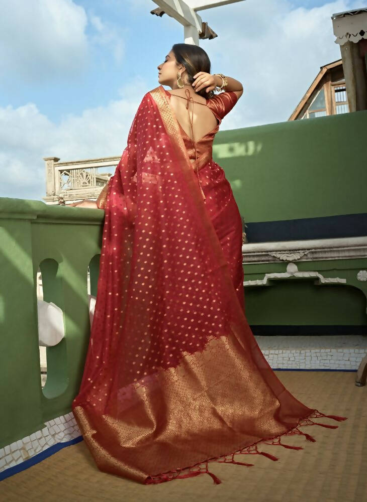 Delightful Designer Maroon Color Organza Silk Saree With Weaving Work - Yomika Fashions - Distacart
