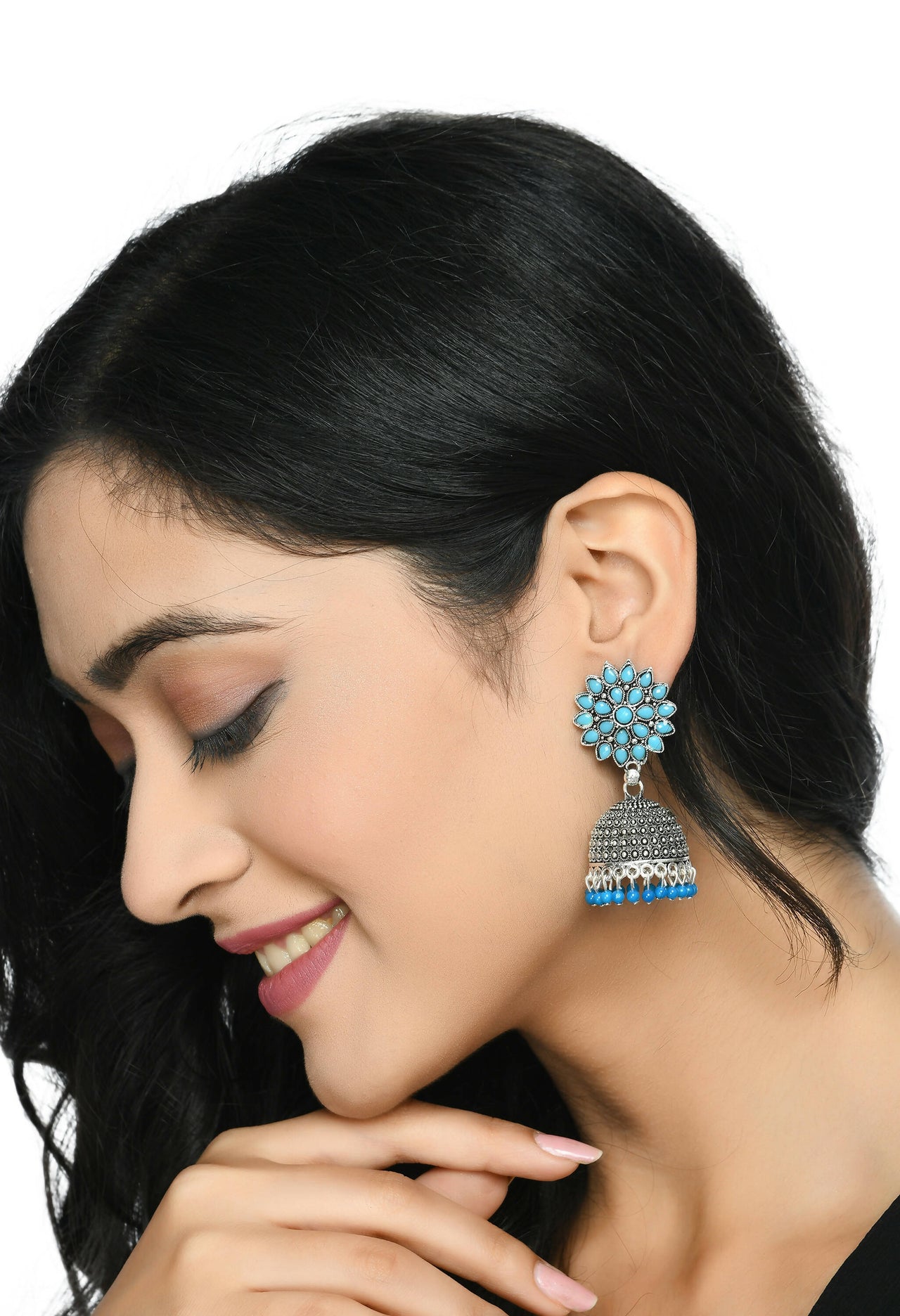 Mominos Fashion Joharkamal Kundan work Jhumka with Sky Blue Beads - Distacart