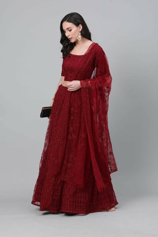Maroon Net Thread embroidery with stone work Lehenga Choli with Dupatta - Jivika - Distacart