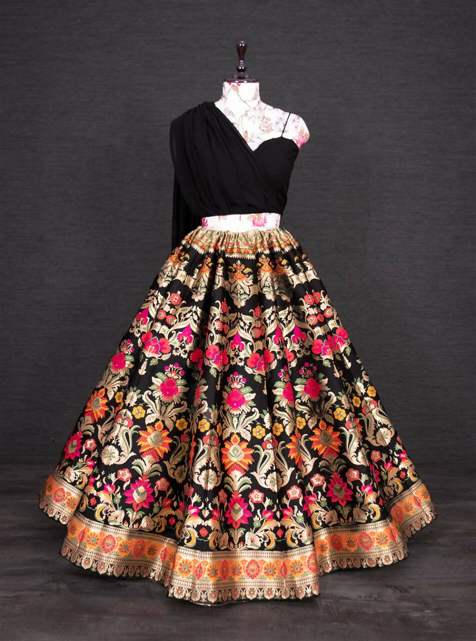 InfinitySaree Black Banarasi Silk Lehenga Choli for Women, Ready to Wear Stitched Lengha Choli for Party - Distacart