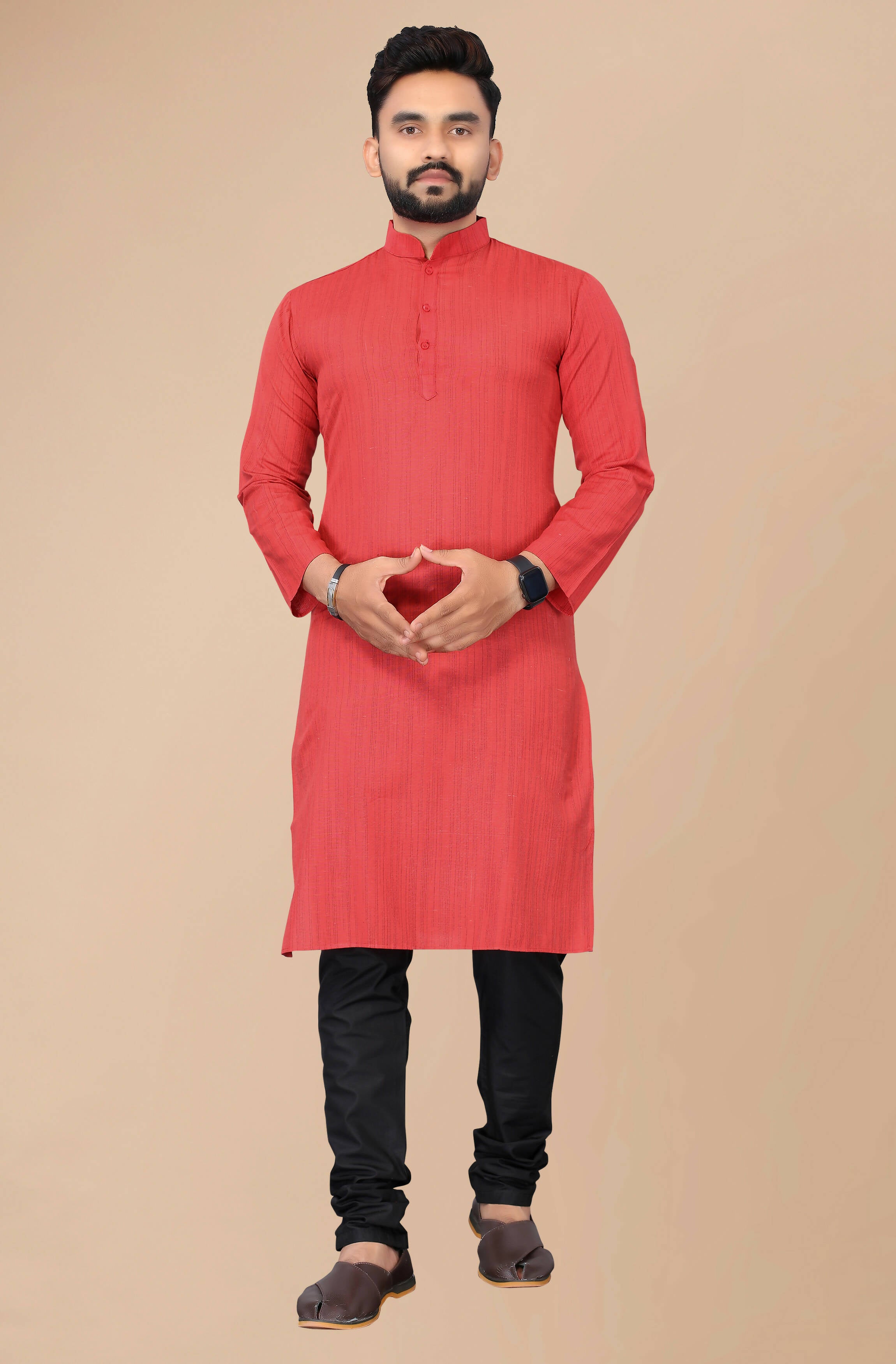 Men's Red Striped Cotton Kurta - Mahotsav - Distacart