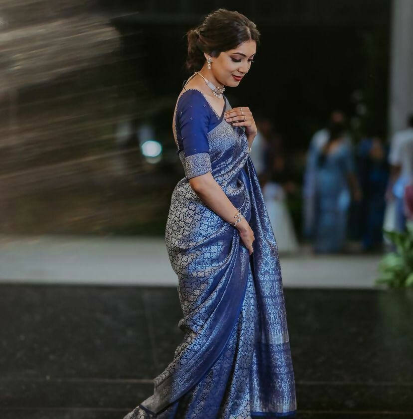 DEIANA'S Beautiful Golden Jari with New Design Soft Lichi Silk Saree - Blue - Distacart