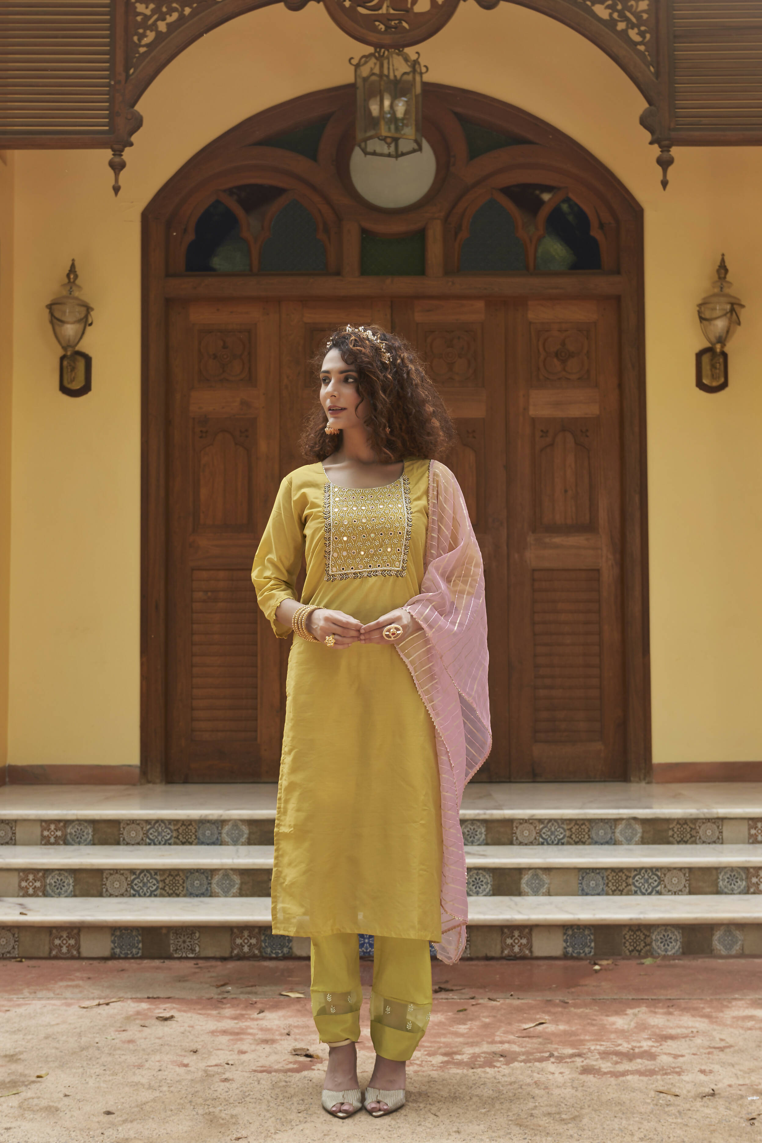 Mustard Chinon Embroidered Kurta and Bottom with Dupatta - Akashara - Distacart