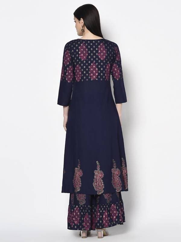 Aniyah Rayon Navy Blue Color Block Print A-line Flared Long Kurta With Two Front Slits (AN-215K)