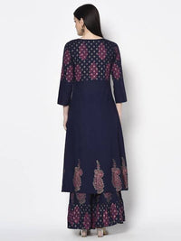 Thumbnail for Aniyah Rayon Navy Blue Color Block Print A-line Flared Long Kurta With Two Front Slits (AN-215K)