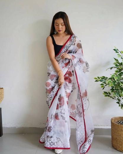 Vastrasky White Organza Saree - Distacart