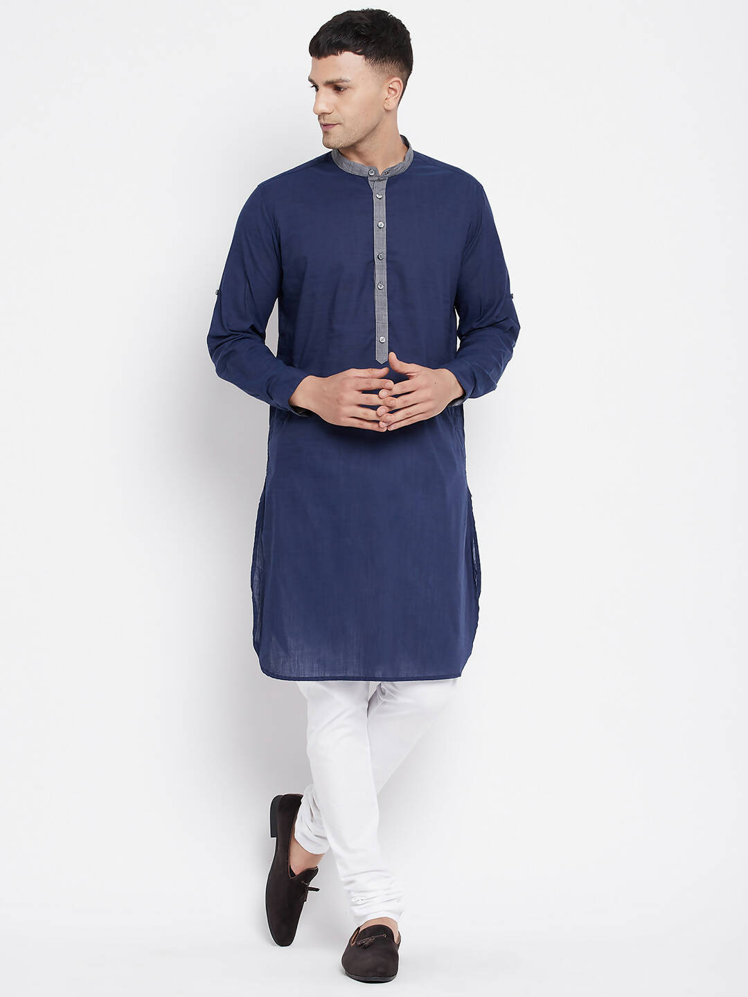 Even Apparels Blue Pure Cotton Men's Kurta With Contrast Collar And Placket - Distacart