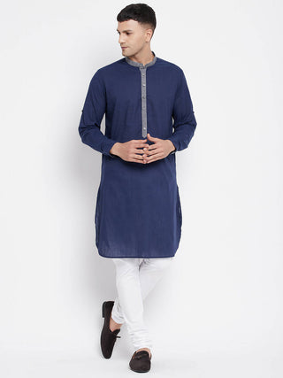 Even Apparels Blue Pure Cotton Men's Kurta With Contrast Collar And Placket - Distacart