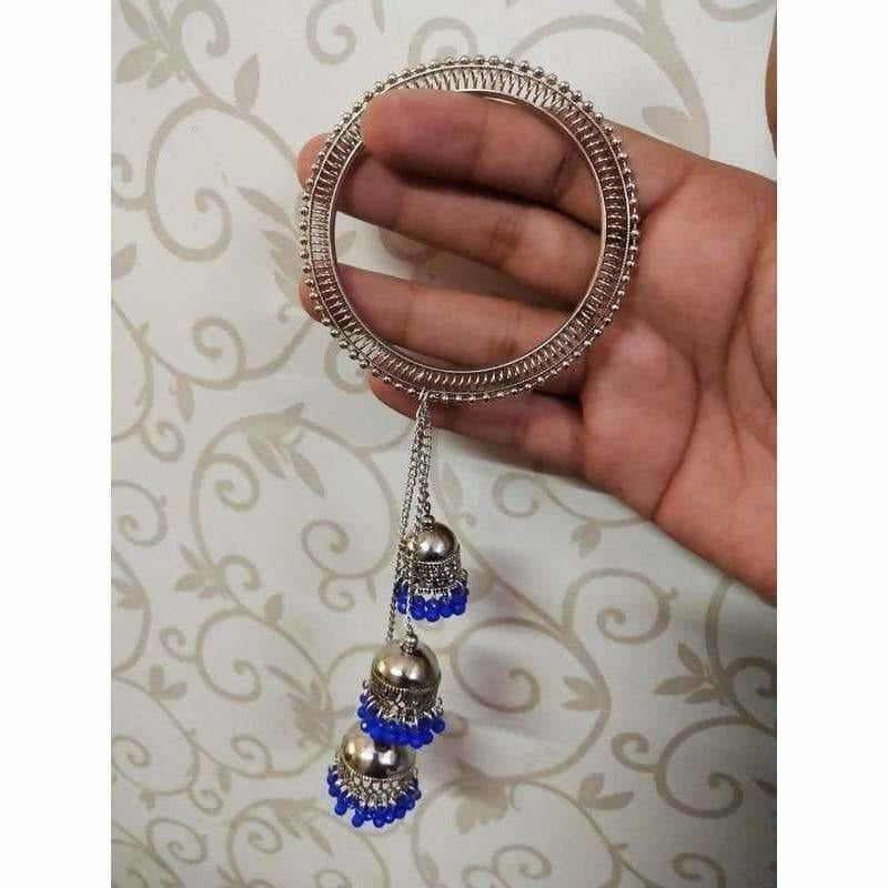 Stylish Silver Bangles Chains With Blue Pearls Jhumkas