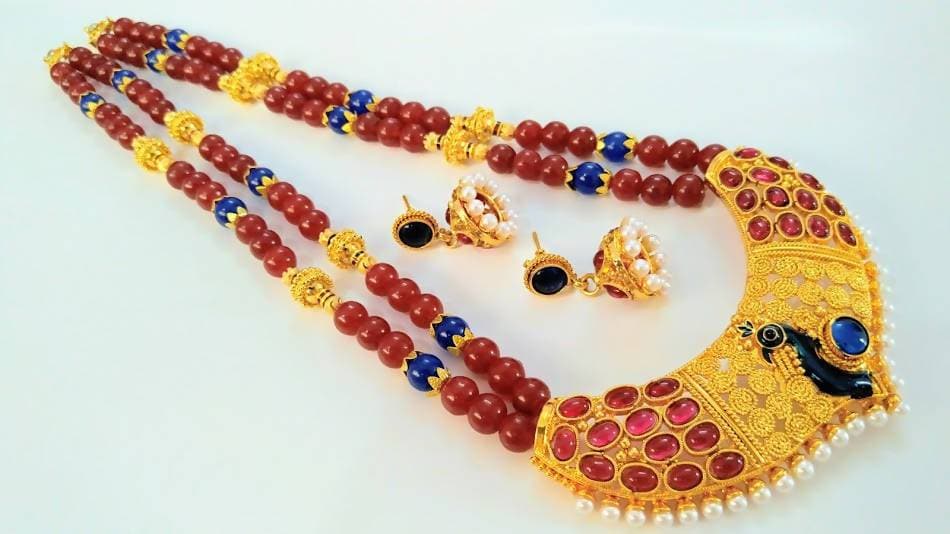 Pink & Blue Beaded Peacock Necklace Set