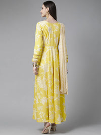 Thumbnail for Ahalyaa Womens Lemmon Yellow Crepe Digital Printed Drapped Dress - Distacart