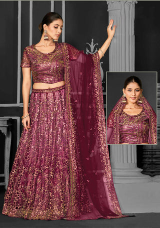 Maroon Net Semi-Stitched Bridal Lehenga - Nimayaa Bonanza - Distacart