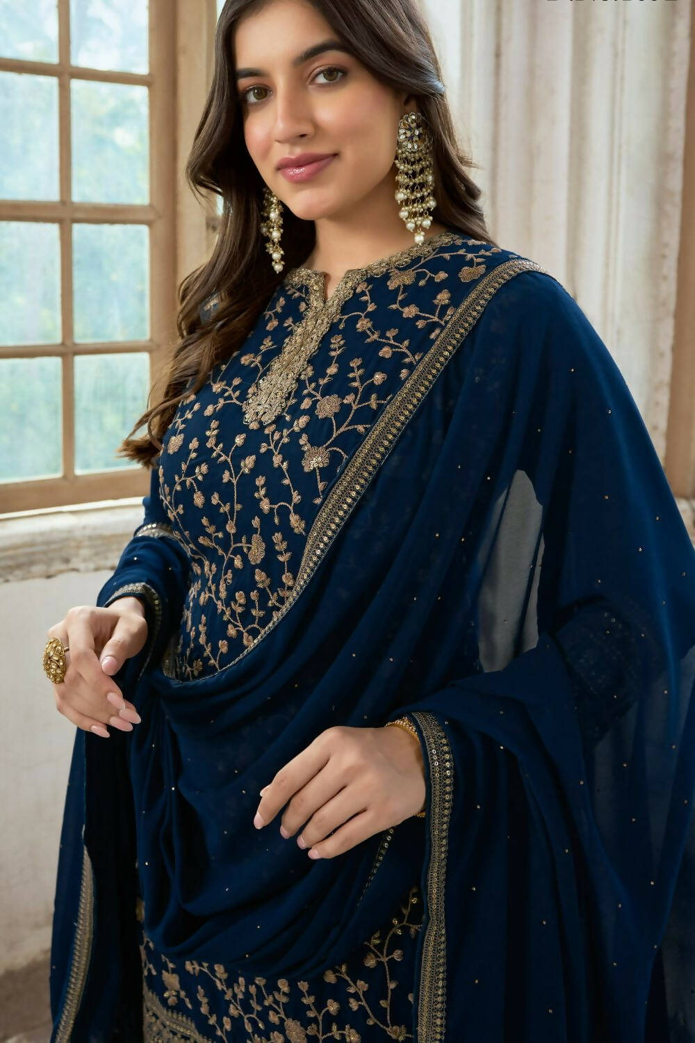 Navy Blue Heavy Fox Georgette Embroidered Semi Stitched Suit - Dhvani - Distacart
