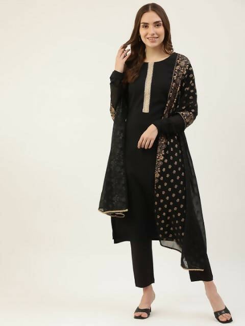 FIORRA Women's Black Poly Crepe Straight Kurta Pant With Dupatta - Distacart