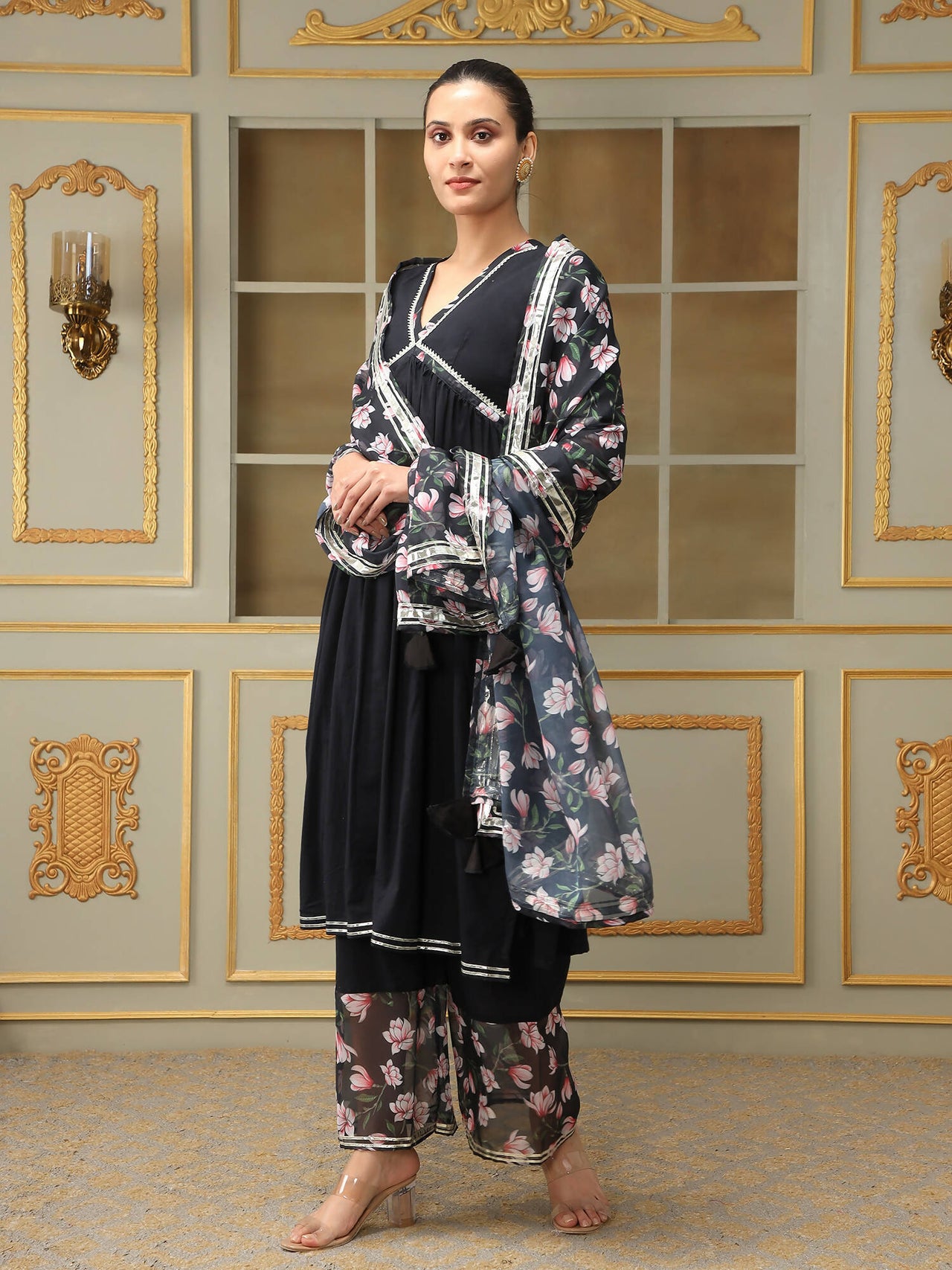 Pomcha Jaipur Black Saadgi Pink Lotus Black Straight Suit Set - Distacart